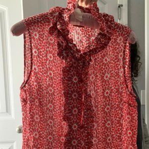 TORY BURCH sleeveless shear silk ruffled  orange red white shirt Size 10